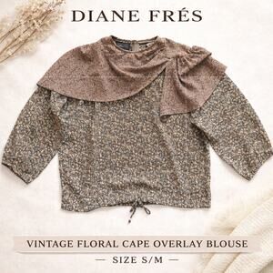 Vintage Diane Frès Floral Georgette Blouse Mixed Print Cape Overlay Boho Top S/M